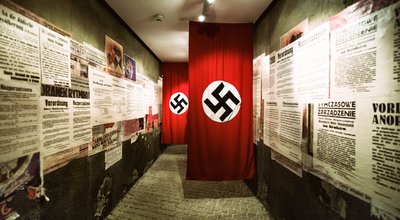 KRAKOW, POLAND - FEBRUARY 19: Swastika - flag in Oskar Schindler's Enamel factory museum on February 19, 2018 in Krakow