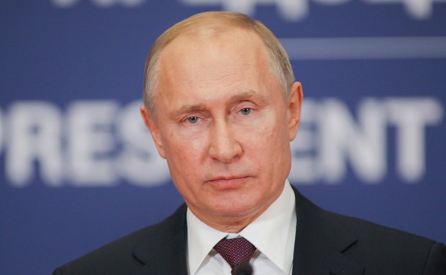 Belgrade, Serbia - January 17, 2019 : Vladimir Putin, the President of Russian Federation in press conference at the Palace of Serbia after a working visit - Image