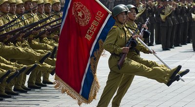 PYONGYANG, NORTH KOREA - CIRCA JULY 2013 : North Korean soldiers at the military parade in Pyongyang of the 60th anniversary of the conclusion of the Korean War. Pyongyang, North Korea. Circa July 2013