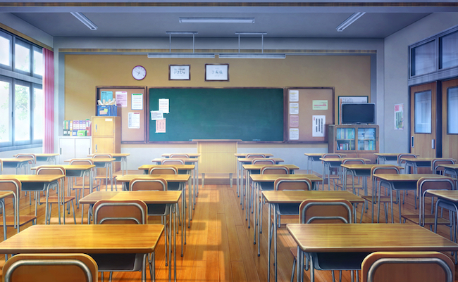 Japanese high school classrooms, 2D Illustration - at day time.