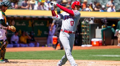 Oakland, California - August 10, 2022: Los Angeles Angels DH Shohei Ohtani takes a practice swing during a game against the Oakland Athletics at the Oakland Coliseum.