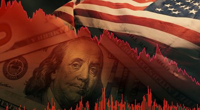 Stock market trading graph in red color economy. usa flag dollar bill background. Trading trends and economic development. Effect of recession on US economy. Stock crash market exchange loss trading