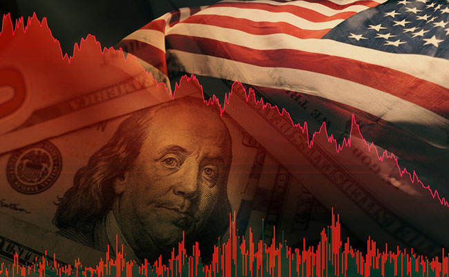 Stock,Market,Trading,Graph,In,Red,Color,Economy.,Usa,Flag