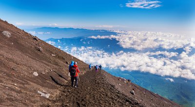 The atmosphere of Fuji mountain Summit in Fujiyoshida, Yamanashi, Japan, the hiker trekker and tourist will generally climb on top of Fuji mountain every summer