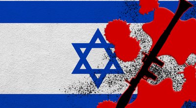 Israel flag and black RPG-7 rocket-propelled grenade launcher in red blood. Concept for terror attack or military operations with lethal outcome