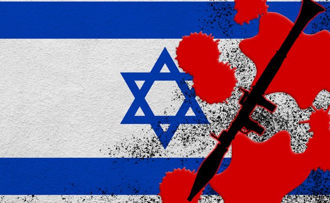 Israel flag and black RPG-7 rocket-propelled grenade launcher in red blood. Concept for terror attack or military operations with lethal outcome