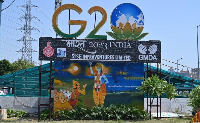 Decorations made to welcome foreign guests arriving at the G-20 conference. Gurgaon, India. September 02, 2023.