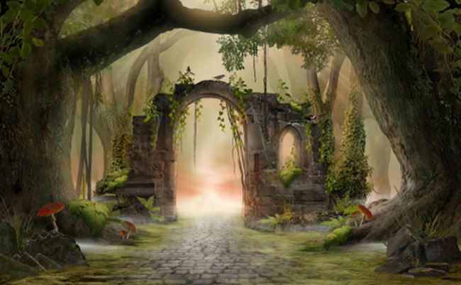 Archway,In,An,Enchanted,Fairy,Forest,Landscape,,Misty,Dark,Mood,