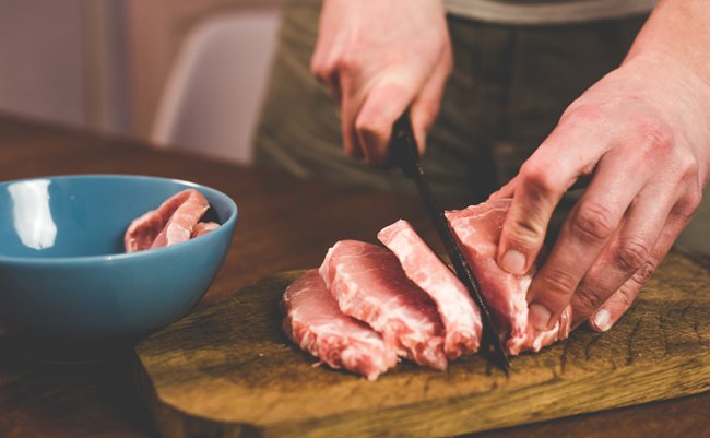 I,Cut,Pork,With,A,Knife,On,A,Wooden,Board