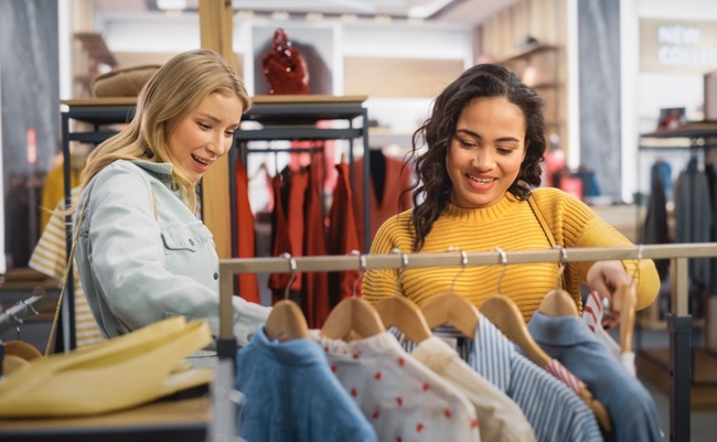Two,Beautiful,Female,Friends,Shopping,In,Clothing,Store,,Choosing,Stylish