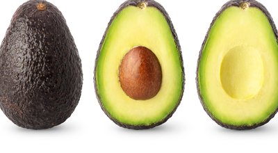 Isolated,Avocados.,Whole,Black,Avocado,Fruit,,Half,With,Seed,And