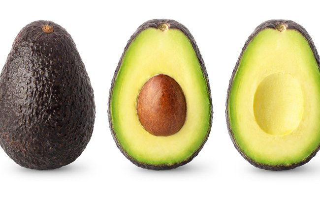 Isolated,Avocados.,Whole,Black,Avocado,Fruit,,Half,With,Seed,And