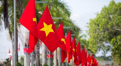 Row of Vietnamese flags fluttering in the park on sunny day . Selective focus.