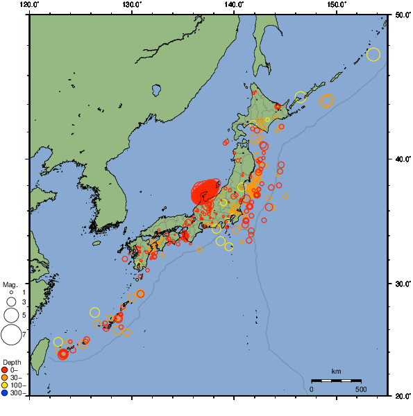 図1： 能登半島地震1月1日（気象庁 2024年01月01日の震源リスト）