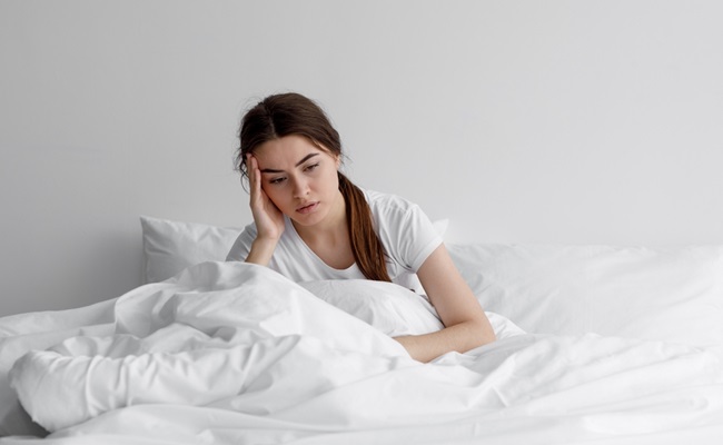 Sad,European,Millennial,Female,,Worried,,Suffers,From,Insomnia,And,Headache.