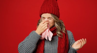 Young,Sad,Woman,Wearing,Grey,Sweater,Scarf,Hat,Hold,Napkin