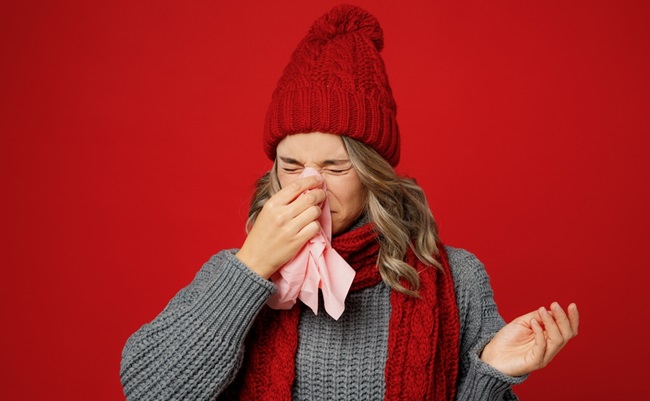 Young,Sad,Woman,Wearing,Grey,Sweater,Scarf,Hat,Hold,Napkin