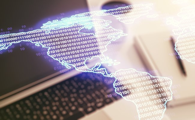 Digital,America,Map,On,Modern,Laptop,Background,,International,Trading,Concept.