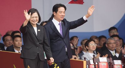 Taiwan President Tsai Ing-wen and vice President Lai Ching-te   wave  during National Day(Double ten day ) on October 10, 2023.