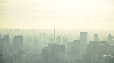 Misty Tokyo cityscape, yellowish tint of sunlight
