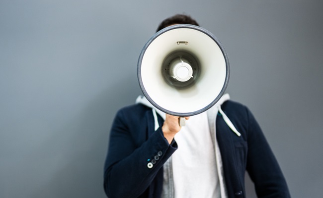 Man,Hand,Holding,Megaphone.,Attention,Loud,Shout
