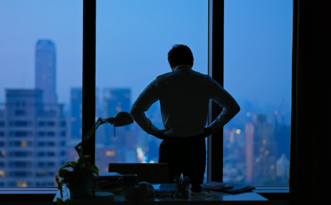 Rear,View,-,Asian,Business,Man,Being,Frustrated,Standing,In