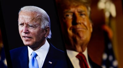 Democratic candidate Joe Biden is sharp in the foreground, while Republican candidate Donald Trump is blurred in the background, USA, December 16, 2024