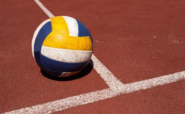 Volleyball.,Blue,With,Yellow,Color,Ball,On,The,Playground.,Volleyball