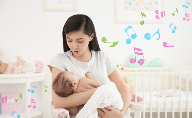 Mother,With,Sleeping,Baby,At,Home.,Lullaby,Songs,And,Music