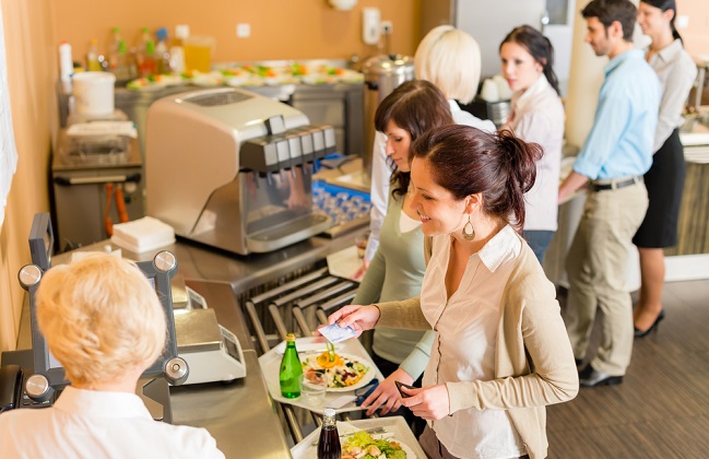 Cafeteria,Woman,Pay,At,Cashier,Hold,Serving,Tray,Fresh,Food