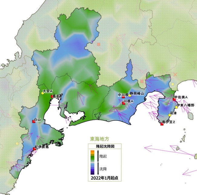 メルマガ『週刊MEGA地震予測』2024年8月21日号より、東海地方のピンポイント予測。伊豆半島や太平洋岸、富士山周辺および紀伊半島に方向がバラバラな水平変動が現れており不安定だと報告していた
