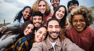Multiracial,Young,Group,Of,Happy,People,Taking,Selfie,Portrait,-