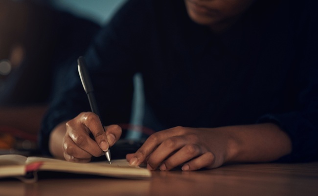 Hands,,Night,And,Business,With,Man,,Writing,And,Notebook,For