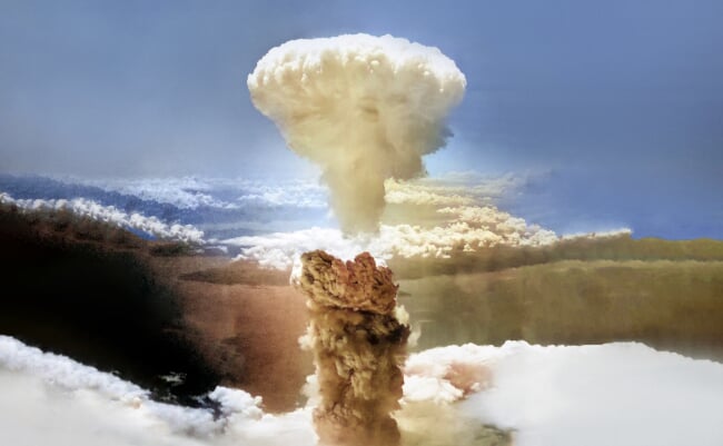Nuclear,Explosion,Background,Photography.,Nuclear,Explosion,Collage,With,Blue,Sky