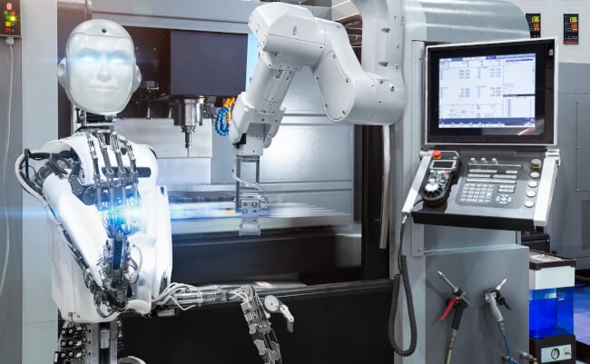 Humanoid,Robot,Control,Automatic,Robotic,Industrial,With,Cnc,Machine,In