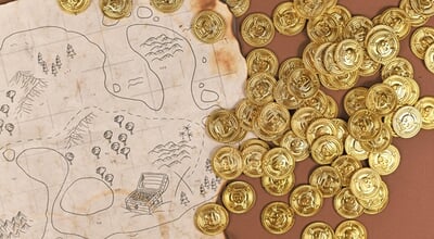 Hand,Drawn,Pirate,Treasure,Map,With,Toy,Gold,Coins,For