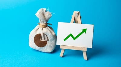 Money,Bag,With,Budget,And,Up,Arrow.,Rise,In,Profits,