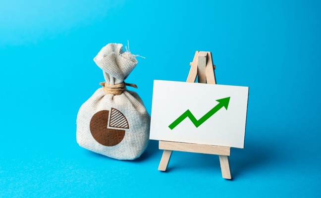 Money,Bag,With,Budget,And,Up,Arrow.,Rise,In,Profits,