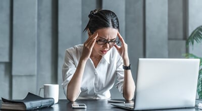 Young,Woman,Working,On,Laptop,Having,Headache.,Bored,Workaholic,Female