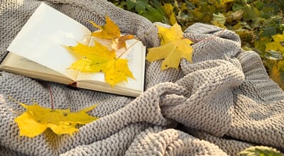 Open,Book,On,Autumn,Park,Background.,Book,On,A,Plaid