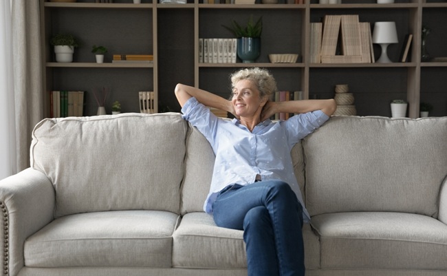 Peaceful,Moment,Of,Dreaming.,Relaxed,Attractive,Middle,Aged,Woman,Pensioner