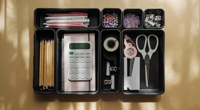 Stylish,Stationery,Is,Arranged,In,Black,Organizers.,Creative,Drawer,Organizing.