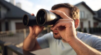 Concept,Of,Private,Life.,Curious,Man,With,Binoculars,Spying,On