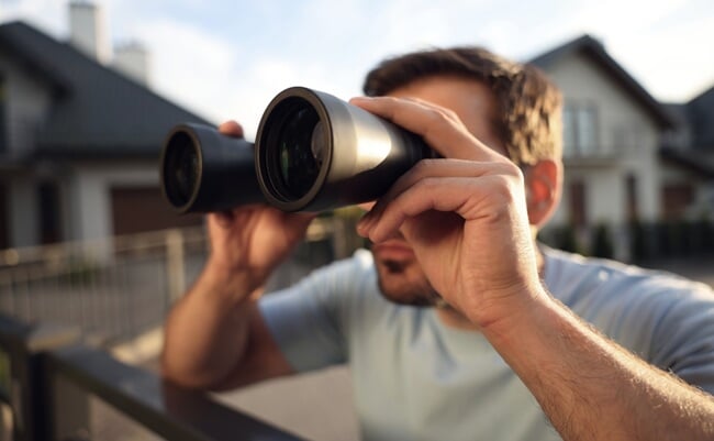 Concept,Of,Private,Life.,Curious,Man,With,Binoculars,Spying,On