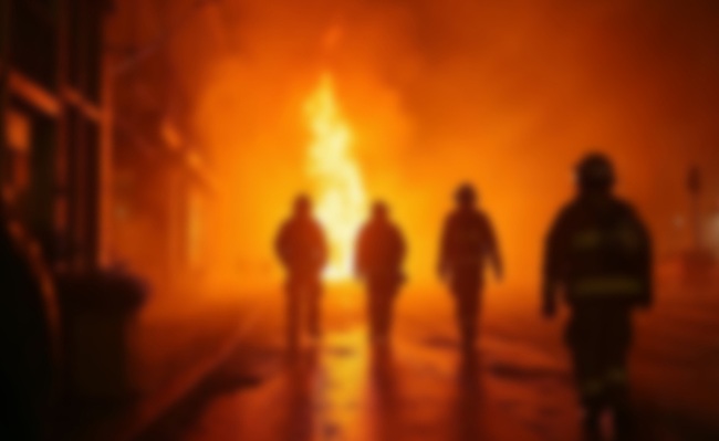 A,Blurred,View,Of,Four,Firefighters,Walking,Toward,A,Towering