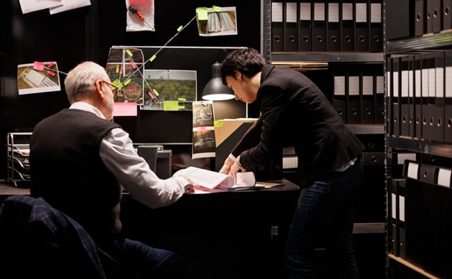 Private,Investigators,Discussing,Victim,Report,In,Arhive,Room,,Looking,At