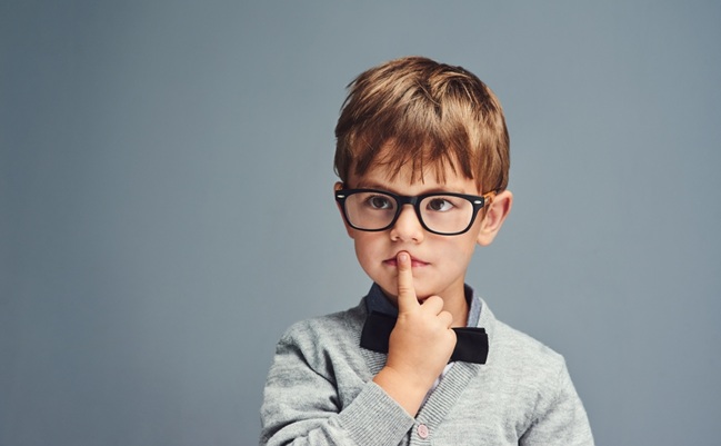 Fashion,,Glasses,And,Thinking,With,Boy,Genius,In,Studio,Isolated