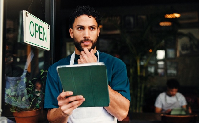 Doorway,,Tablet,And,Thinking,With,Man,In,Coffee,Shop,For
