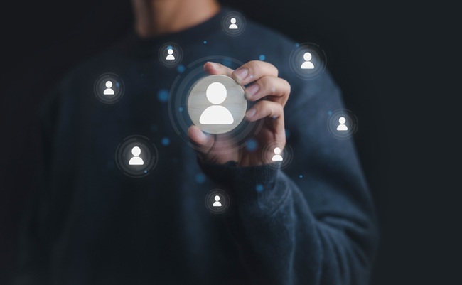 Businessman,Hand,Selecting,User,Icon,From,Digital,Network,,Concept,Of