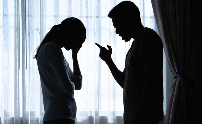 Unhappy,Crying,Frightened,Woman,,Aggressive,Man,Quarreling,At,Home.,Angry